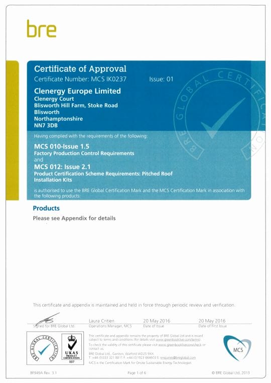 Clenergy BRE Certification MCS 2016
